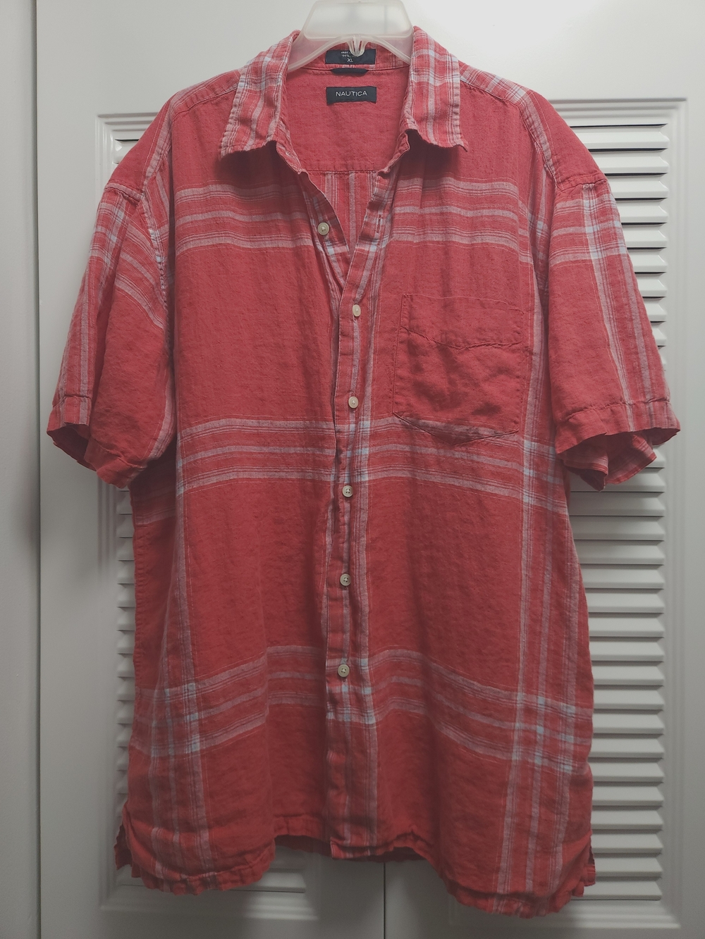 Men's Nautica 100% Linen Short Sleeve Button-Up Shirt XL Red Plaid